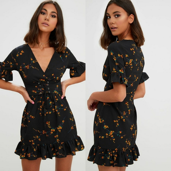 black corset floral swing dress